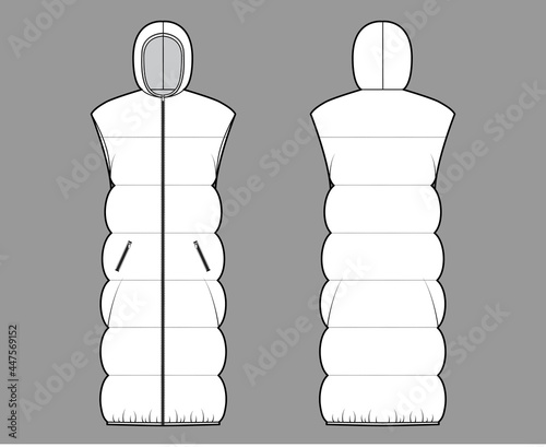 Down vest puffer waistcoat technical fashion illustration with sleeveless, hoody collar, zip-up closure, knee length, wide quilting. Flat template front, back, white color. Women, men top CAD mockup