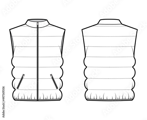 Down vest puffer waistcoat technical fashion illustration with stand collar, zip-up closure, pockets, oversized, classic quilting. Flat template front, back, white color. Women, unisex top CAD mockup