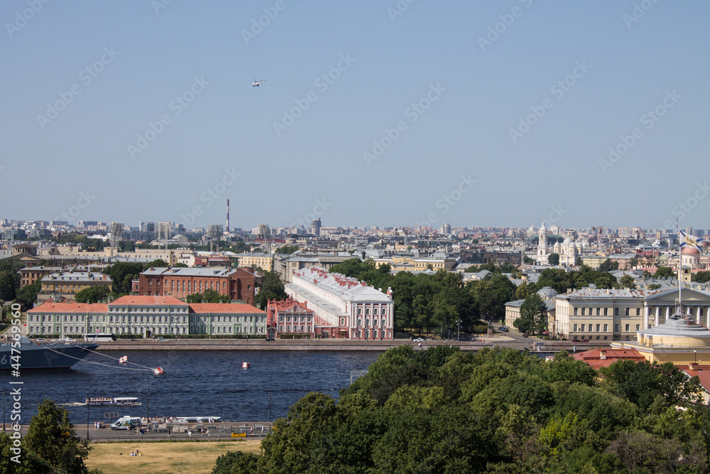 panoramic top view of the historical center of the city and the Neva River on a sunny summer day and a space for copying in Saint-Petersburg