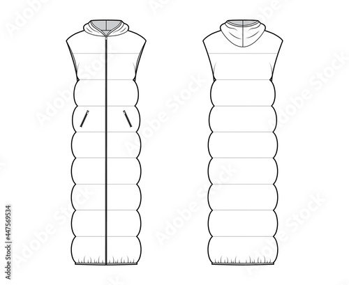 Down vest puffer waistcoat technical fashion illustration with sleeveless, hoody collar, pockets, maxi length, wide quilting. Flat template front, back, white color style. Women, men, top CAD mockup