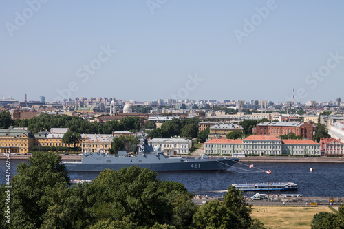 panoramic top view of the historical center of the city and the Neva River on a sunny summer day and a space for copying in Saint-Petersburg
