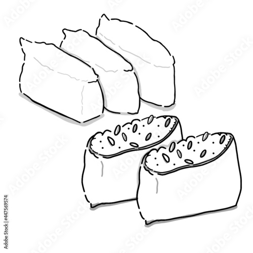Japanese food illustration. Hand drawn sketch. Japanese cuisine. Vector illustration of Japanese inari sushi set. Menu design elements. Isolated objects. 