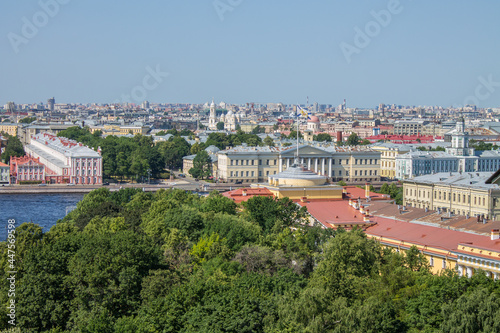 panoramic top view of the University embankment of Vasilievsky Island with historical architecture on a sunny summer day in Saint-Petersburg Russia
