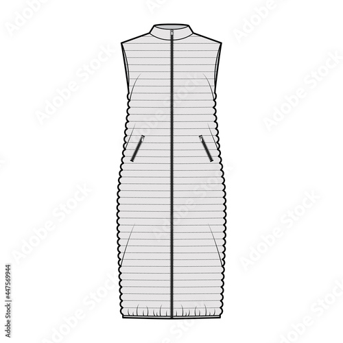 Down vest puffer waistcoat technical fashion illustration with sleeveless, stand collar, zip-up closure, midi length, narrow quilting. Flat template front, grey color style. Women, men top CAD mockup