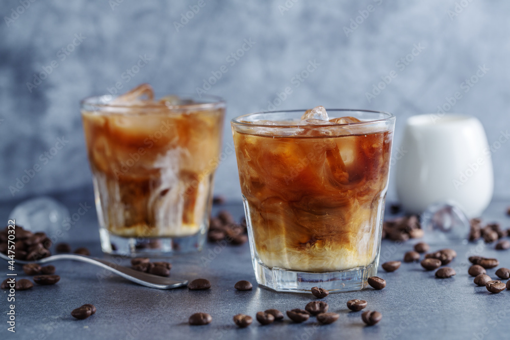 Iced coffee with ice cubes in glass Iced coffee with ice cubes in glass