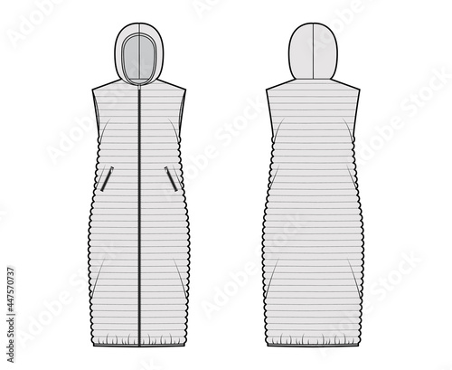 Down vest puffer waistcoat technical fashion illustration with hoody collar, zip-up closure, pockets, loose body, narrow quilting. Flat template front, back, grey color style. Women, men, unisex top
