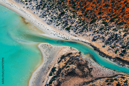 Abstract aerial view of blue-green water in shifting red deposition of sediment gradually moving through alluvial plains of Francois Peron National Park in Western Australia. photo