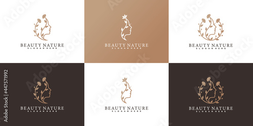 Set of Beauty woman's face flower logo design template with modern line art style Premium Vector