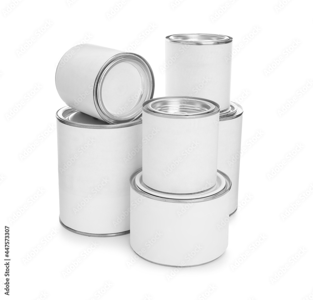 Closed blank cans of paint on white background Closed blank cans of paint on white background