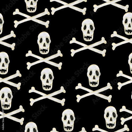 Watercolor seamless background illustration of a pirate set with a skull. An illustration for printing. Print for a T-shirt.