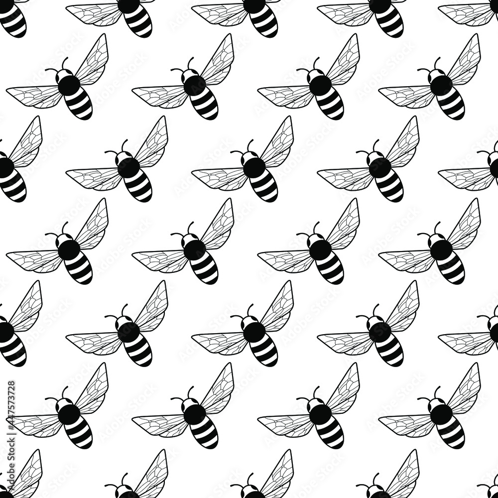 Seamless background. Bees isolated on white background. Realistic design. Coloring page. Black outline. 