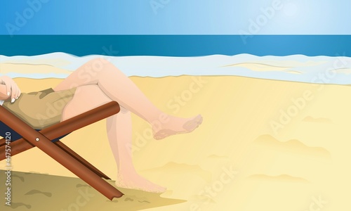 Illustration of a woman sunbathing on a chair on the beach in sunny weather. Vector illustration. 