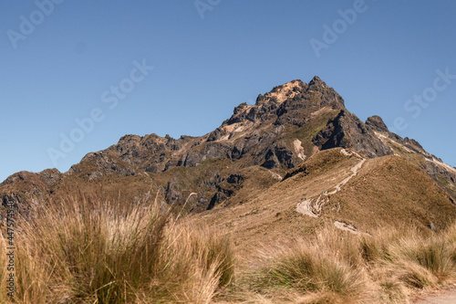Rocky mountain peak blue sky and grassy landscape at Rucu Pichincha