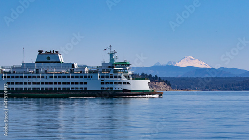 Washington State Ferry on Clinton-Mukilteo Route Passes Mount Baker and South Tip of Hat Island photo