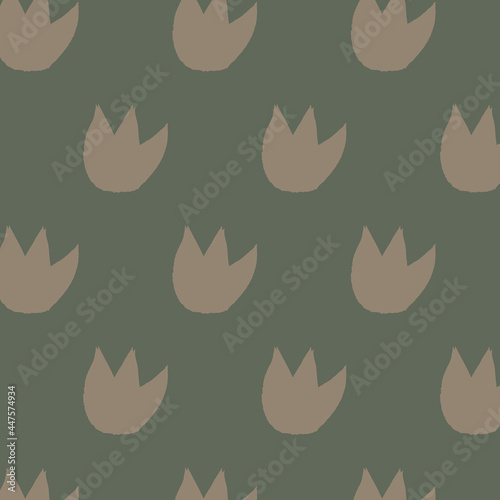 Vector pattern of beige tulips on a green background. Minimalism. Hand drawing. Doodle