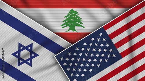 Lebanon United States of America Israel Flags Together Fabric Texture Effect Illustration