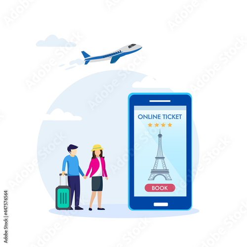 Travel agency vector concept: Young couple making a reservation in a travel agency app to paris. 