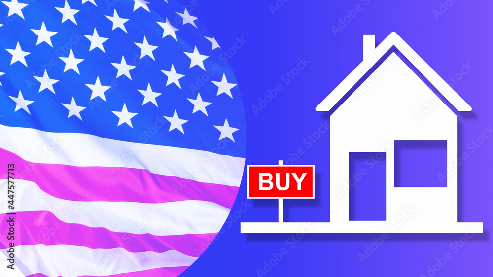 Real estate in United States of America. Buying real estate in America. Buy sign near house. USA flag next to house for sale. House for sale in the USA. Investing in USA real estate. 3d rendering Real estate in United States of America. Buying real estate in America. Buy sign near house. USA flag next to house for sale. House for sale in the USA. Investing in USA real estate. 3d rendering