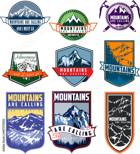 Vector set of nine mountain travel emblems. Camping climbing outdoor adventure emblems, badges and logo. Mountain tourism, hiking, mountaineering labels.