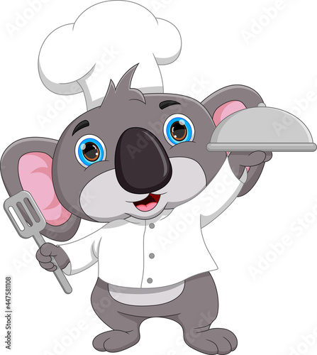 cartoon chef koala carrying food tray