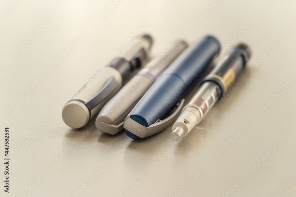 Close-up of various insulin pen syringes Close-up of various insulin pen syringes