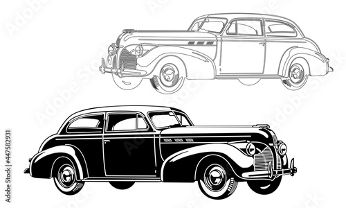 The car is a classic American. Monochrome execution. Silhouette. Map coloring