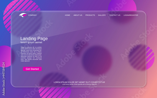 Website landing page vector template. Abstract colorful background for webpage and application with glassmorphism effect