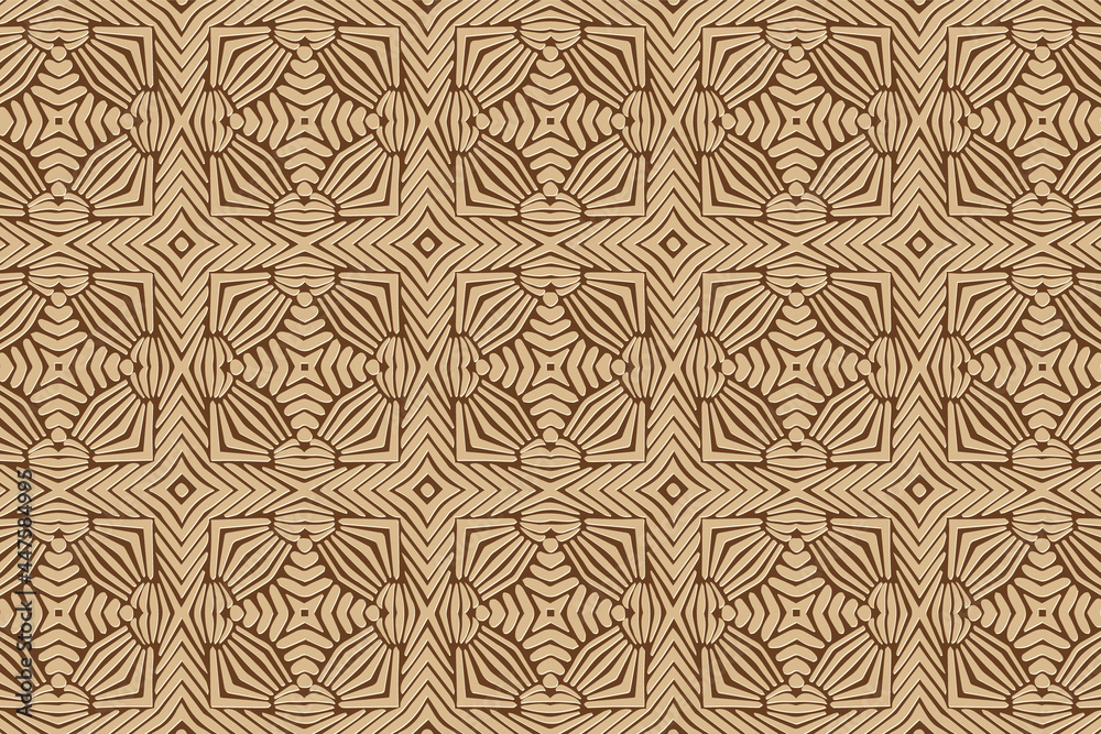 3D volumetric convex embossed geometric beige pattern on a brown background. Ethnic beautiful oriental, Asian, Indian motives with handmade elements for design and decoration. 3D volumetric convex embossed geometric beige pattern on a brown background. Ethnic beautiful oriental, Asian, Indian motives with handmade elements for design and decoration.