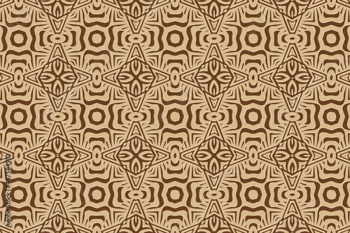 3D volumetric convex embossed geometric beige pattern on a brown background. Ethnic abstract oriental, asian, indian motives with handmade elements for design and decoration.