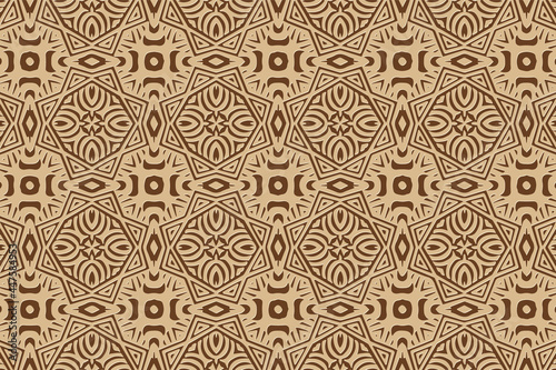 3D volumetric convex embossed geometric beige pattern on a brown background. Ethnic original oriental, Asian, Indian motives with handmade elements for design and decoration.