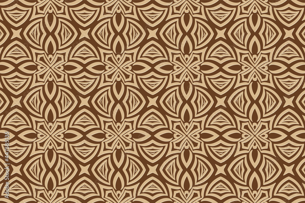 3D volumetric convex embossed geometric beige pattern on a brown background. Ethnic exquisite oriental, Asian, Indian motives with handmade elements for design and decoration.
