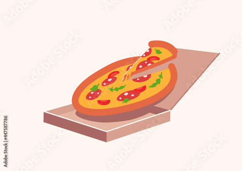 Pizza with salami and vegetables and slice of pizza levitation over cardboard packaging vector isometric