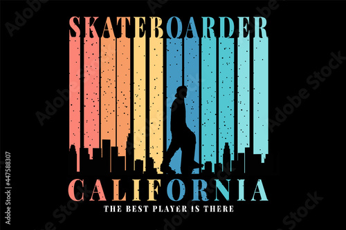 T-shirt silhouette skateboarder california city vector retro