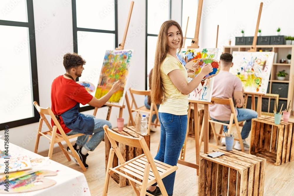 Group of people smiling happy drawing at art studio. Group of people smiling happy drawing at art studio.