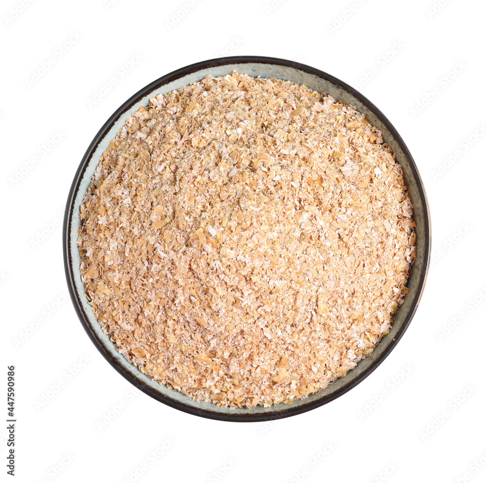 Wheat bran in bowl on white background, top view Wheat bran in bowl on white background, top view