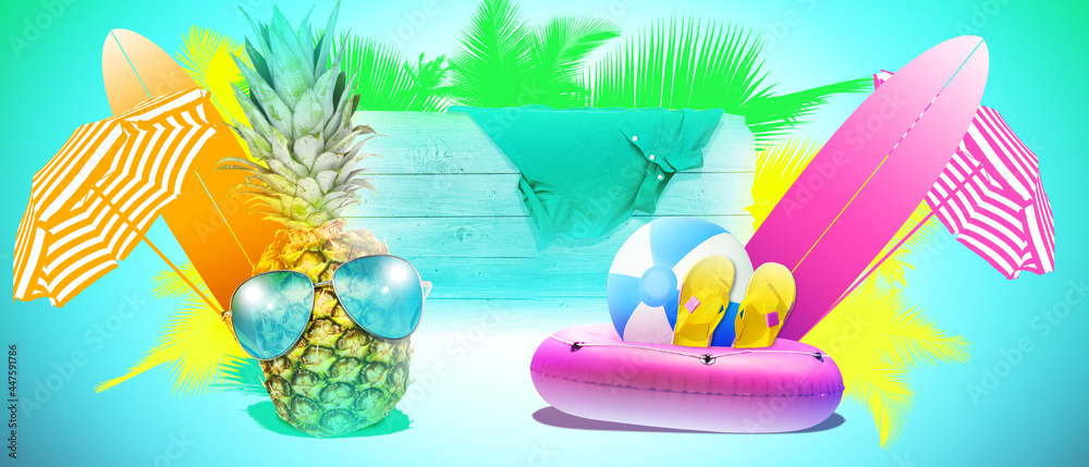 Creative pineapple with sunglasses on summer background.