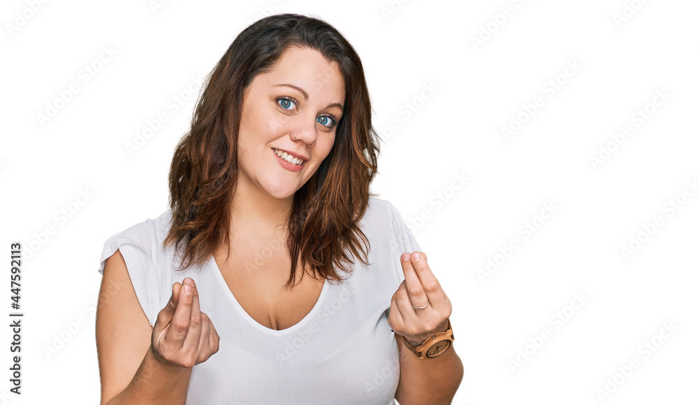 Young plus size woman wearing casual white t shirt doing money gesture with hands, asking for salary payment, millionaire business Young plus size woman wearing casual white t shirt doing money gesture with hands, asking for salary payment, millionaire business