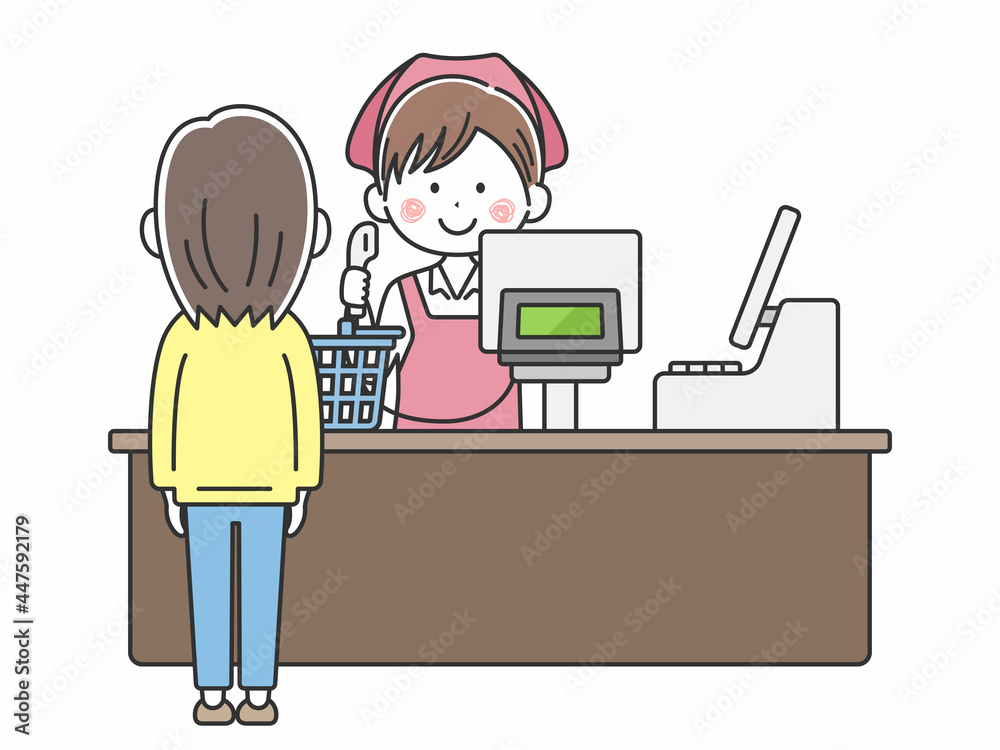 スーパーマーケットでレジ打ちをする女性のイラスト Stock Vector Adobe Stock