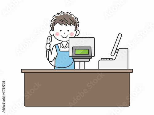 スーパーマーケットのレジで働く男性のイラスト