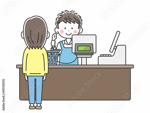 スーパーマーケットでレジ打ちをする男性のイラスト