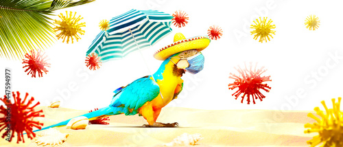 Macaw parrot with medical mask on vacation