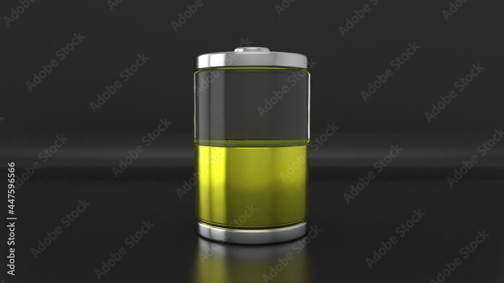 3D transparent battery with isolated luminous colored liquid content. Charge status process represented with different colors. Accumulated power level indicator icon. Energy storage concept. 3D transparent battery with isolated luminous colored liquid content. Charge status process represented with different colors. Accumulated power level indicator icon. Energy storage concept.
