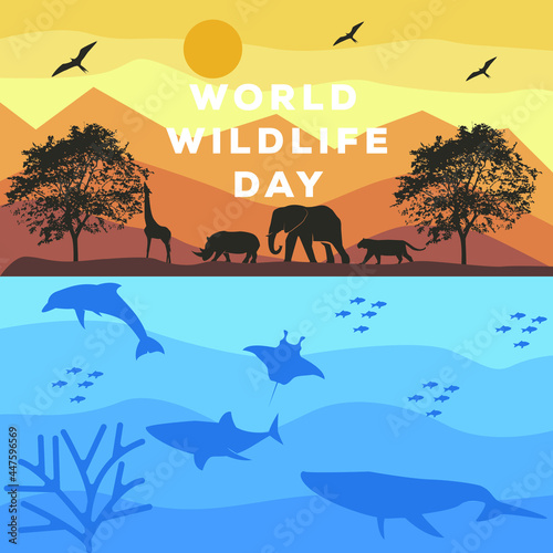 world wildlife day poster with animal silhouette illustration. animal silhouette vector on the jungle and the ocean