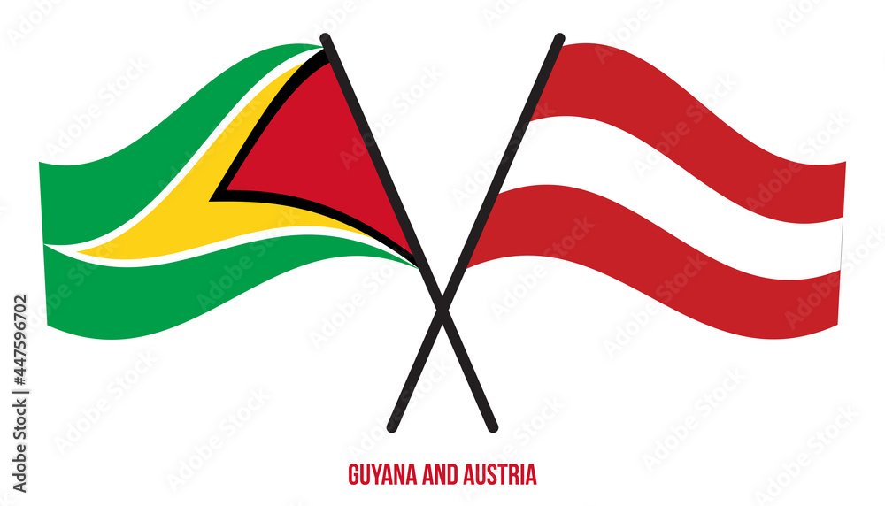 Guyana and Austria Flags Crossed And Waving Flat Style. Official Proportion. Correct Colors. Guyana and Austria Flags Crossed And Waving Flat Style. Official Proportion. Correct Colors.