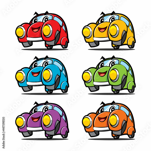 Cute cartoon car character collection in various colour variations - vector