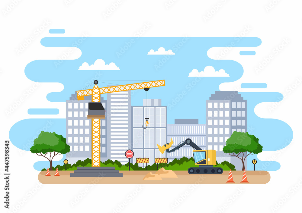 Naklejka premium Construction of Building Vector illustration. Architecture Makes Foundation, Pours Concrete, Excavator Digs, Use Machine Tower Cranes and Feller Bunchers. Real Estate Cartoon Business