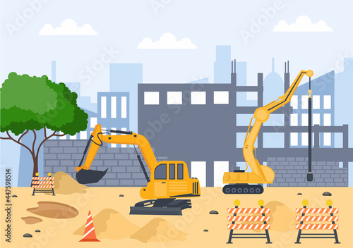 Construction of Building Vector illustration. Architecture Makes Foundation, Pours Concrete, Excavator Digs, Use Machine Tower Cranes, Pile Boring Equipment. Real Estate Cartoon Business
