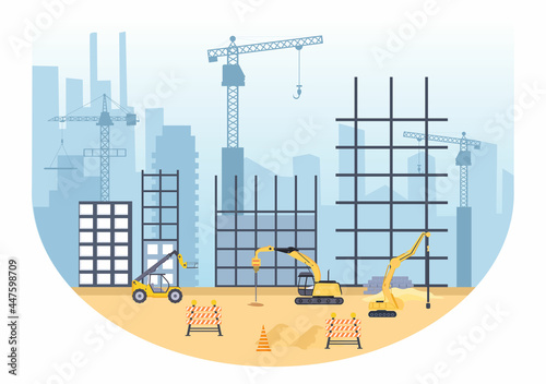 Construction of Building Vector illustration. Architecture Makes Foundation, Pours Concrete, Excavator Digs, Use Machine Tower Cranes and Telehandlers. Real Estate Cartoon Business