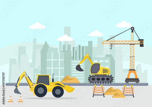 Construction of Building Vector illustration. Architecture Makes Foundation, Pours Concrete, Excavator Digs, Use Machine Tower Cranes and Backhoe. Real Estate Cartoon Business
