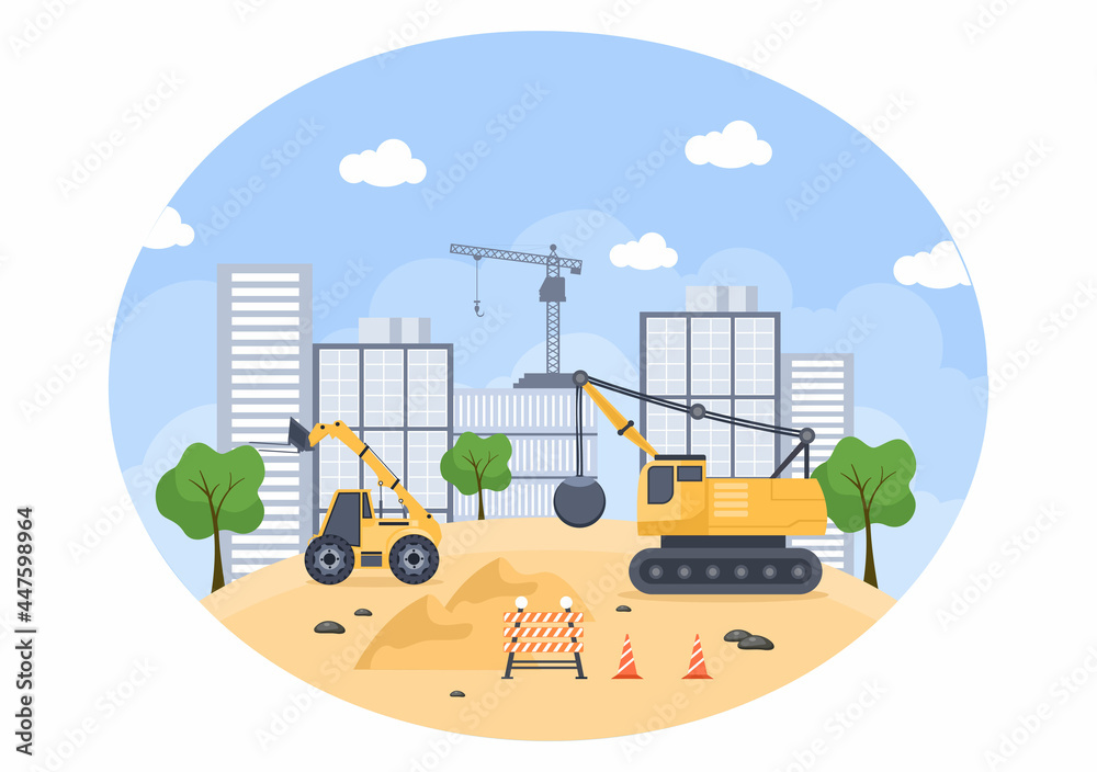 Construction of Building Vector illustration. Architecture Makes Foundation, Pours Concrete, Excavator Digs, Use Machine Tower Cranes, Telehandlers . Real Estate Cartoon Business